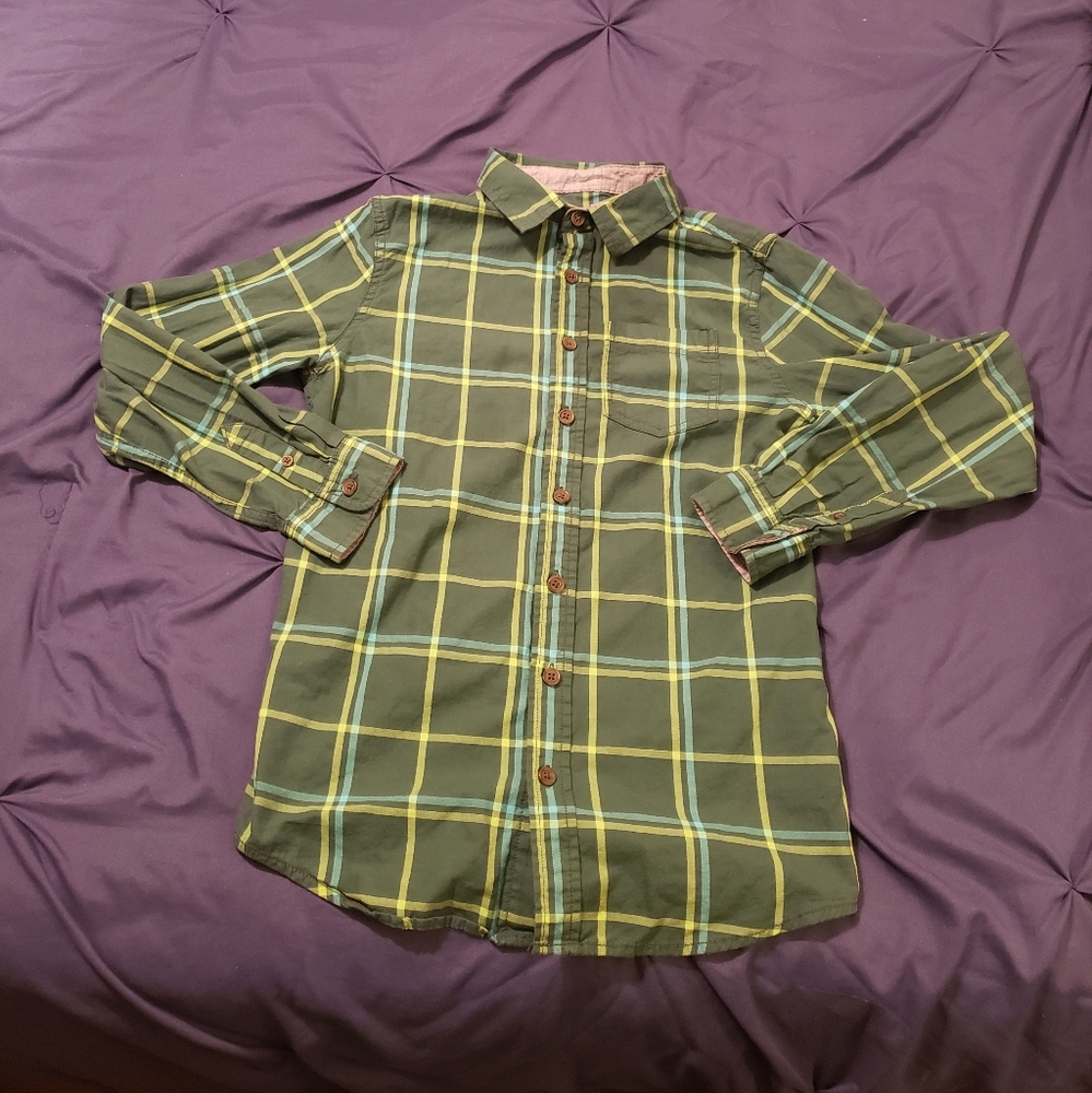 Cat & Jack Boys Green Plaid Button Down Long Sleeve Shirt, Size 12/14